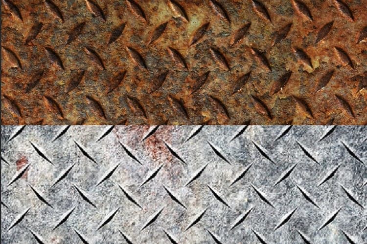 Rust-covered diamond-plate steel above the same steel stripped back to clean metal